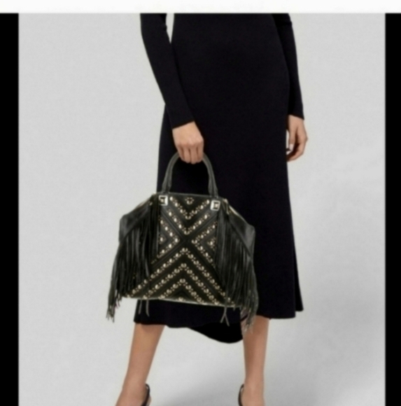 🍁🍂🍁🍂NEW EXTREMELY RARE BLACK LEATHER 'RYLAN' STUDDED FRINGE TOTE REBEC - Picture 1 of 6